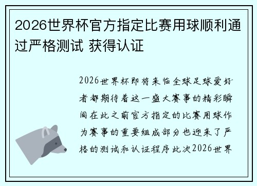 2026世界杯官方指定比赛用球顺利通过严格测试 获得认证